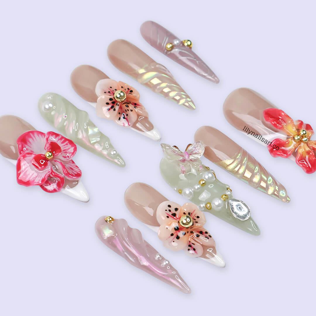 3D Floral Press On Nail with Nude and Pastel Base, Long Almond Handmade Nails with Gem, Pearl & Butterfly, Custom Nail for Everyday or Event