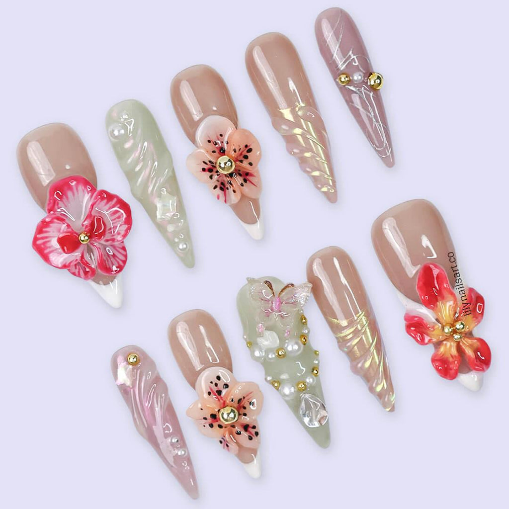 3D Floral Press On Nail with Nude and Pastel Base, Long Almond Handmade Nails with Gem, Pearl & Butterfly, Custom Nail for Everyday or Event