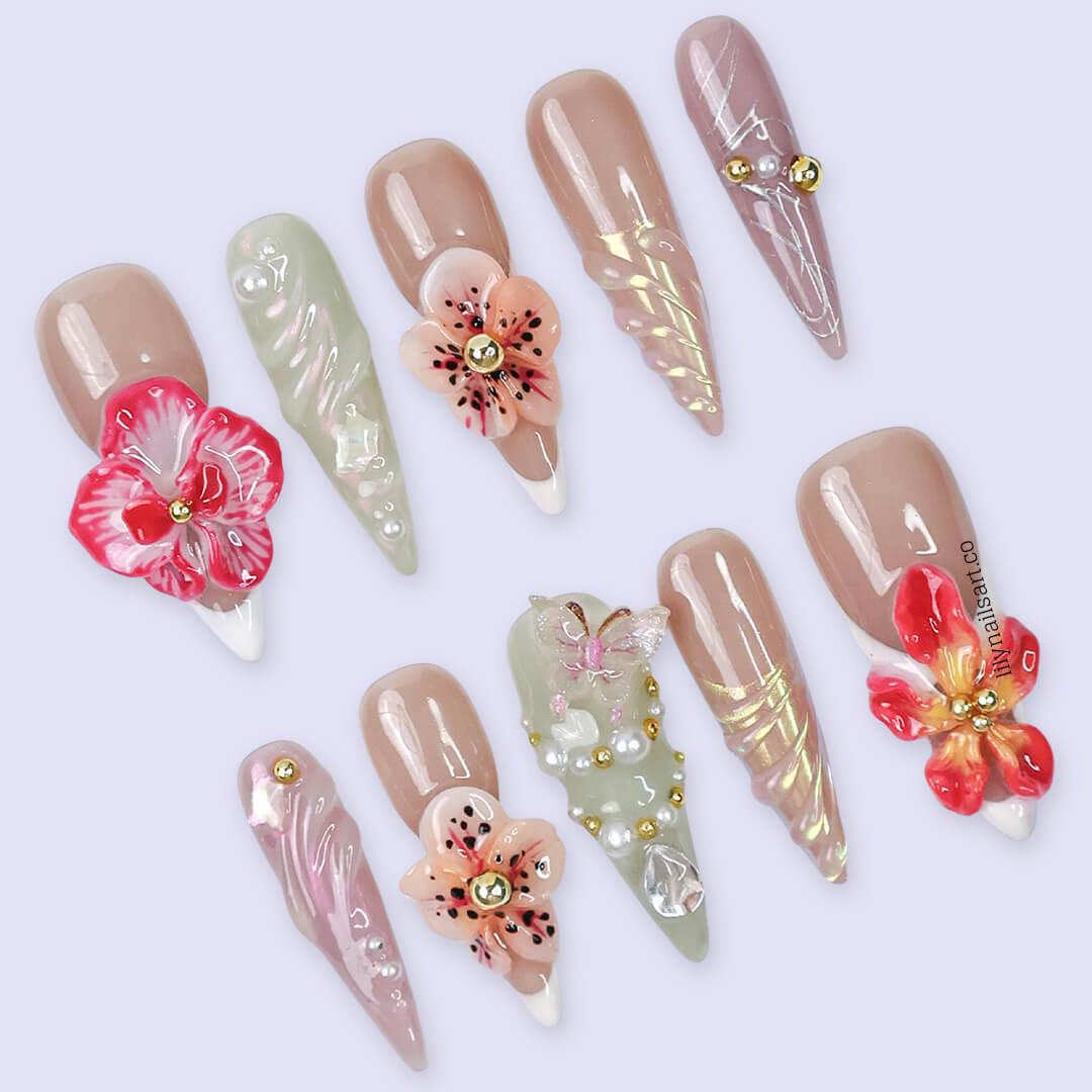 3D Floral Press On Nail with Nude and Pastel Base, Long Almond Handmade Nails with Gem, Pearl & Butterfly, Custom Nail for Everyday or Event