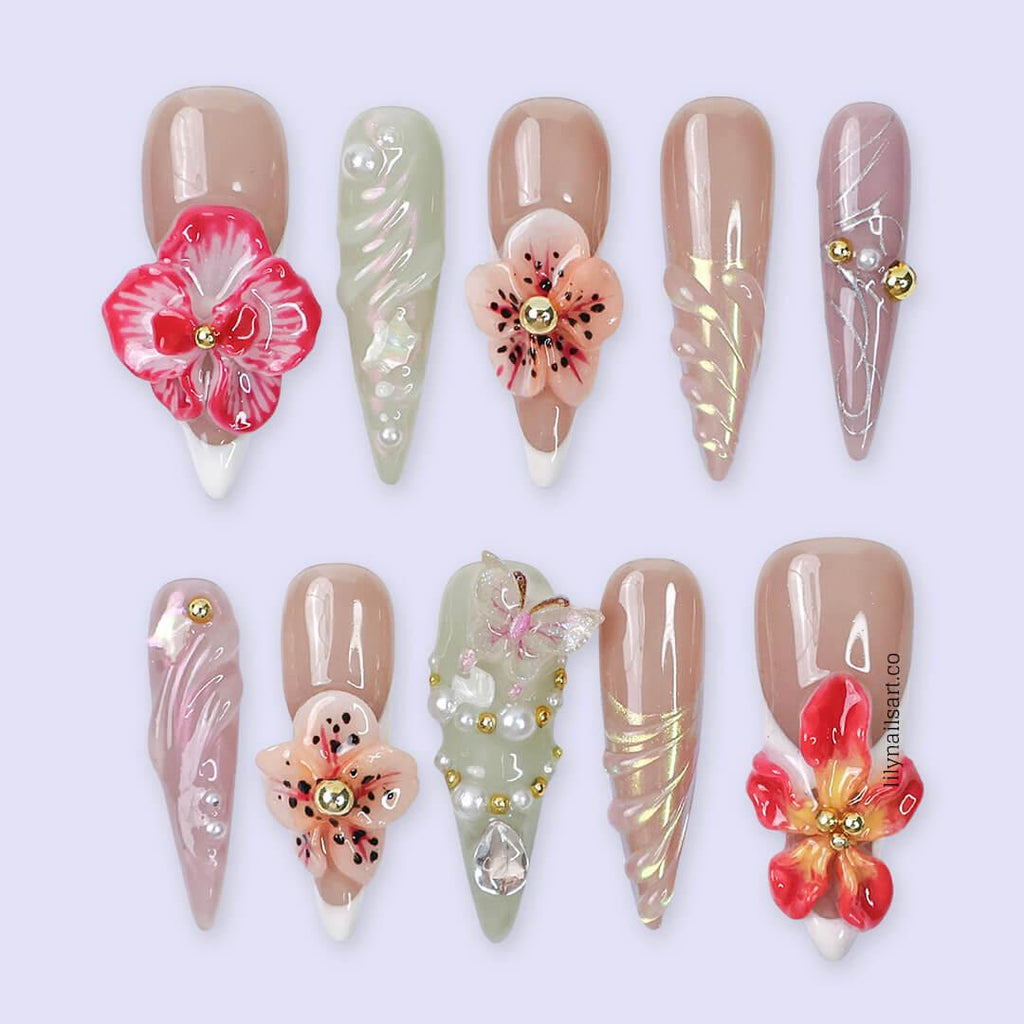 3D Floral Press On Nail with Nude and Pastel Base, Long Almond Handmade Nails with Gem, Pearl & Butterfly, Custom Nail for Everyday or Event