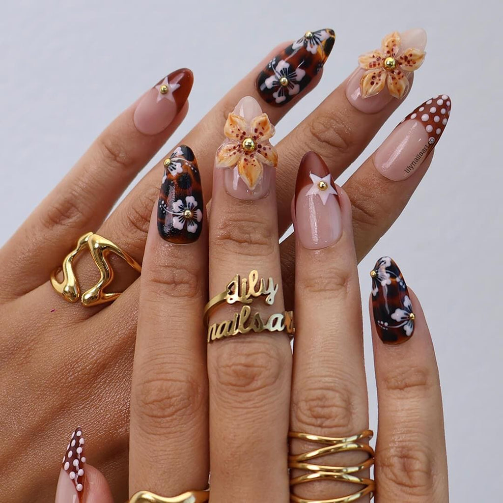 Polka Dot Press On Nails with Tortoise Shell | 3D Flowers Fake Nails in Medium Almond | Handmade Nail Art for Party, Vacation, Gift