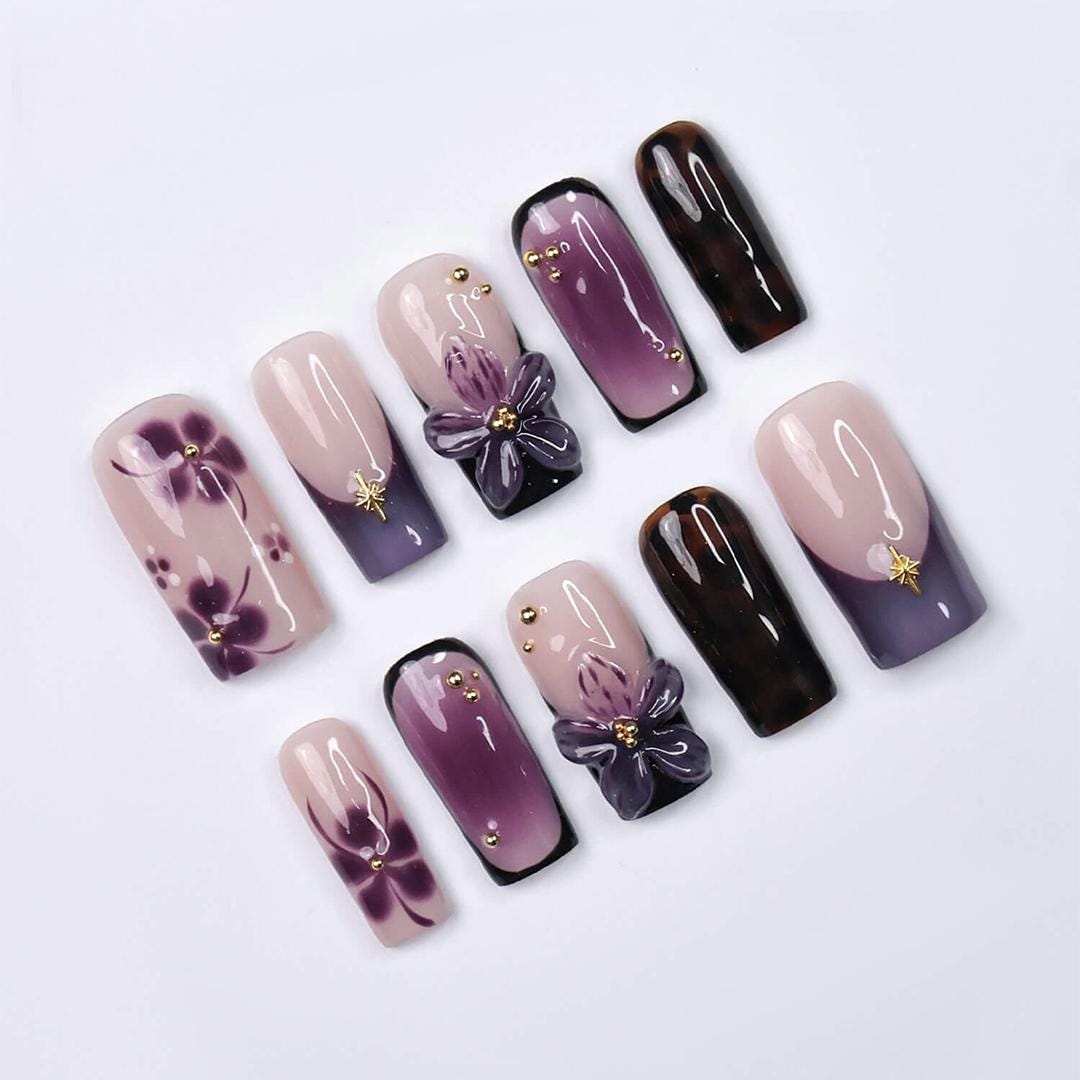 Purple Floral Press On Nails with 3D Flower & French Tip | Handmade Square Fake Nails with Nude and Tortoise Accents | Reusable Nail Art