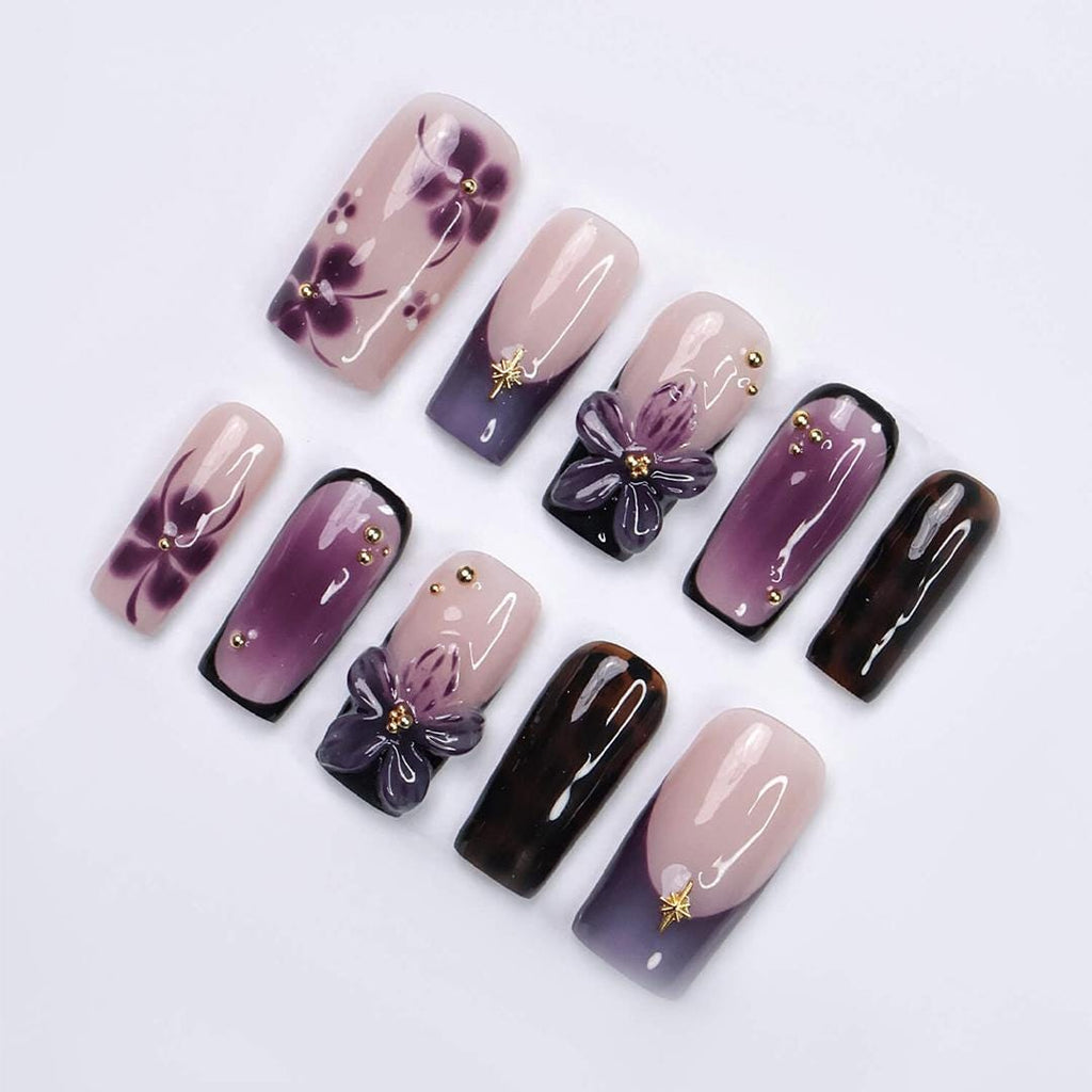 Purple Floral Press On Nails with 3D Flower & French Tip | Handmade Square Fake Nails with Nude and Tortoise Accents | Reusable Nail Art
