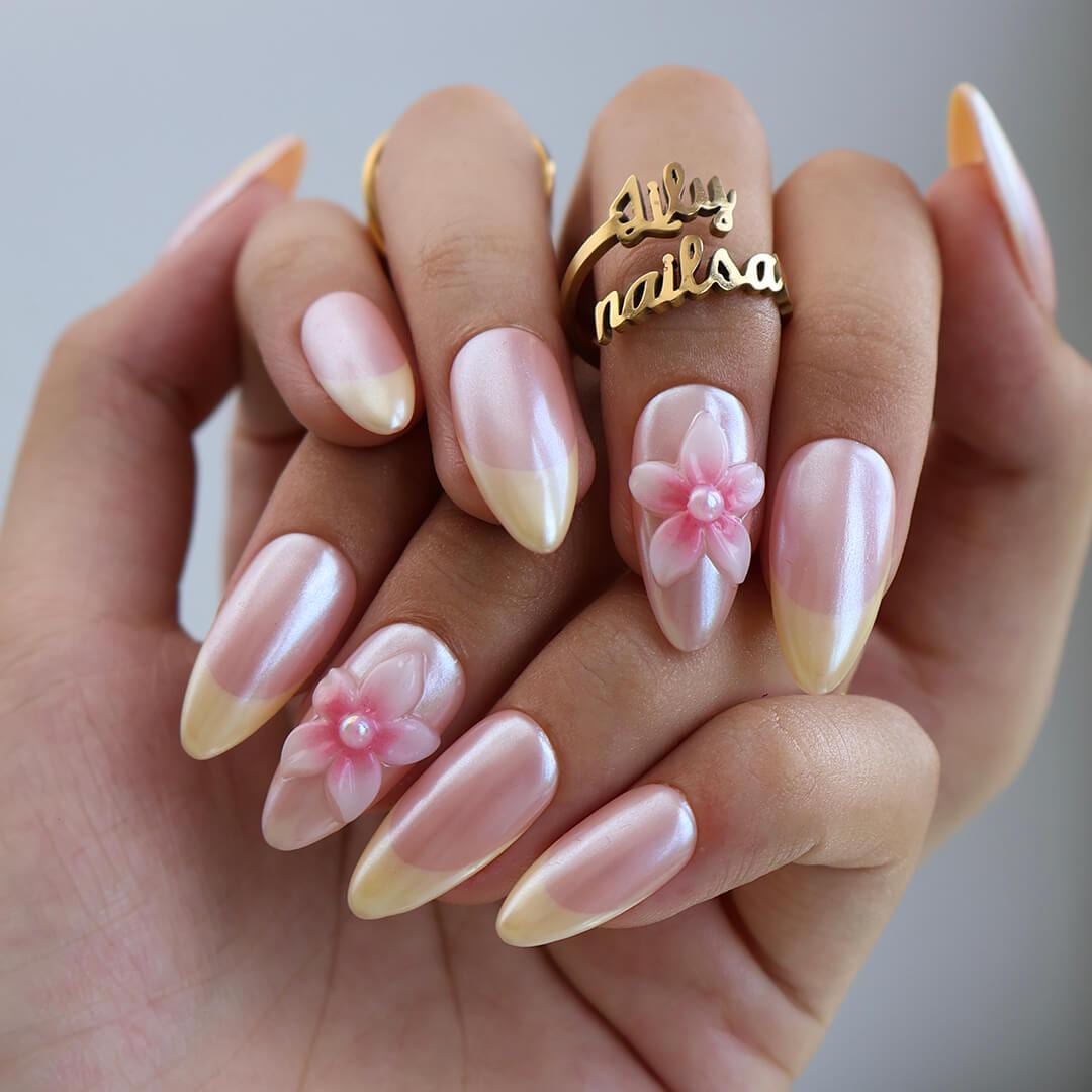 Pastel Press On Nails with Butter Yellow Tip & 3D Pink Blossom | Medium Almond Fake Nails | Handmade Nail Art for Everyday Wear Or Gift