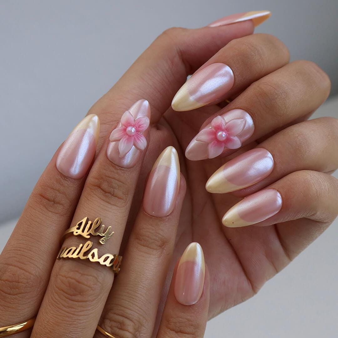 Pastel Press On Nails with Butter Yellow Tip & 3D Pink Blossom | Medium Almond Fake Nails | Handmade Nail Art for Everyday Wear Or Gift
