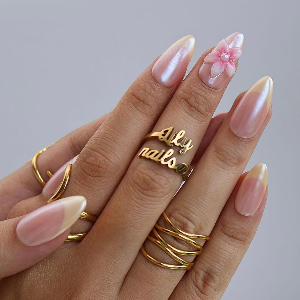 Pastel Press On Nails with Butter Yellow Tip & 3D Pink Blossom | Medium Almond Fake Nails | Handmade Nail Art for Everyday Wear Or Gift