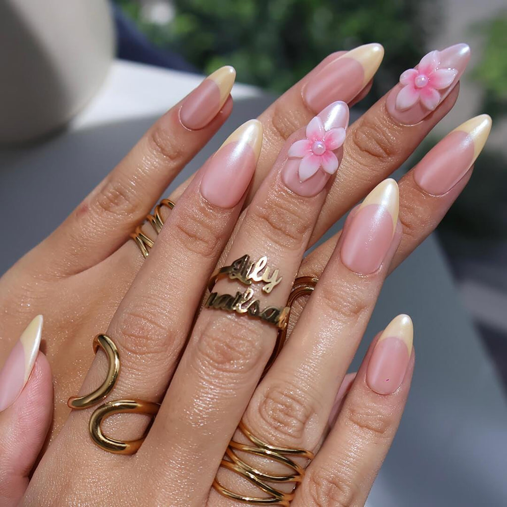 Pastel Press On Nails with Butter Yellow Tip & 3D Pink Blossom | Medium Almond Fake Nails | Handmade Nail Art for Everyday Wear Or Gift