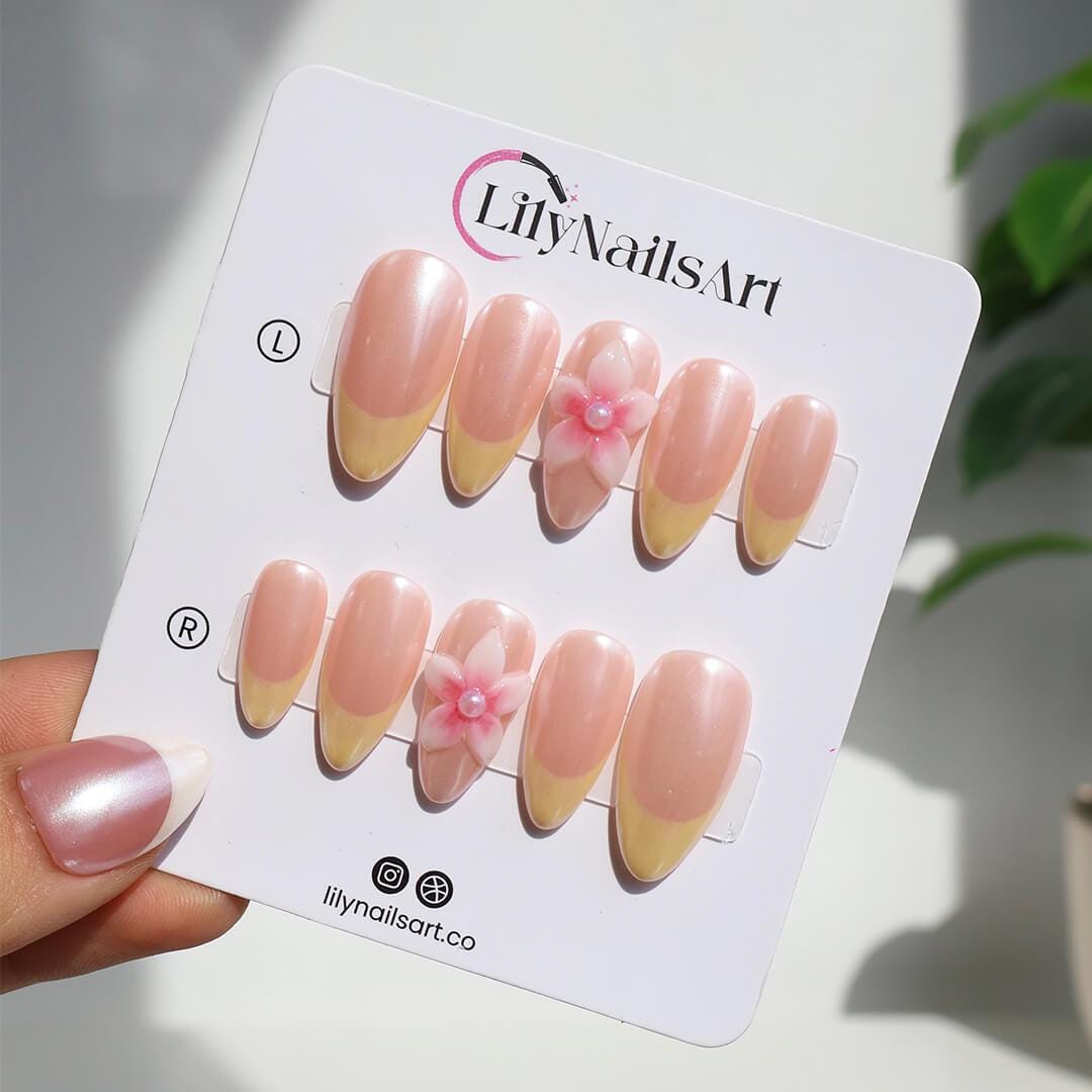 Pastel Press On Nails with Butter Yellow Tip & 3D Pink Blossom | Medium Almond Fake Nails | Handmade Nail Art for Everyday Wear Or Gift