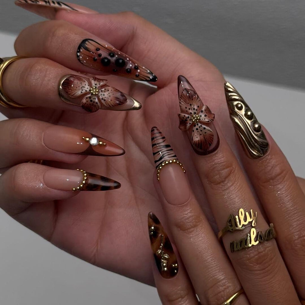 Autumn Press On Nails with 3D Floral & Animal Print | Fake Nails in Long Almond | Handmade Nail Art for Fall Looks, Parties Or Gifts
