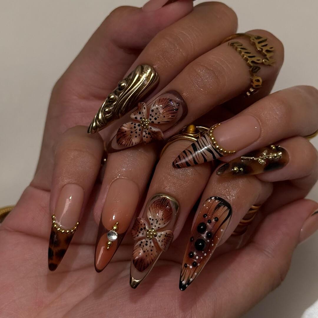 Autumn Press On Nails with 3D Floral & Animal Print | Fake Nails in Long Almond | Handmade Nail Art for Fall Looks, Parties Or Gifts