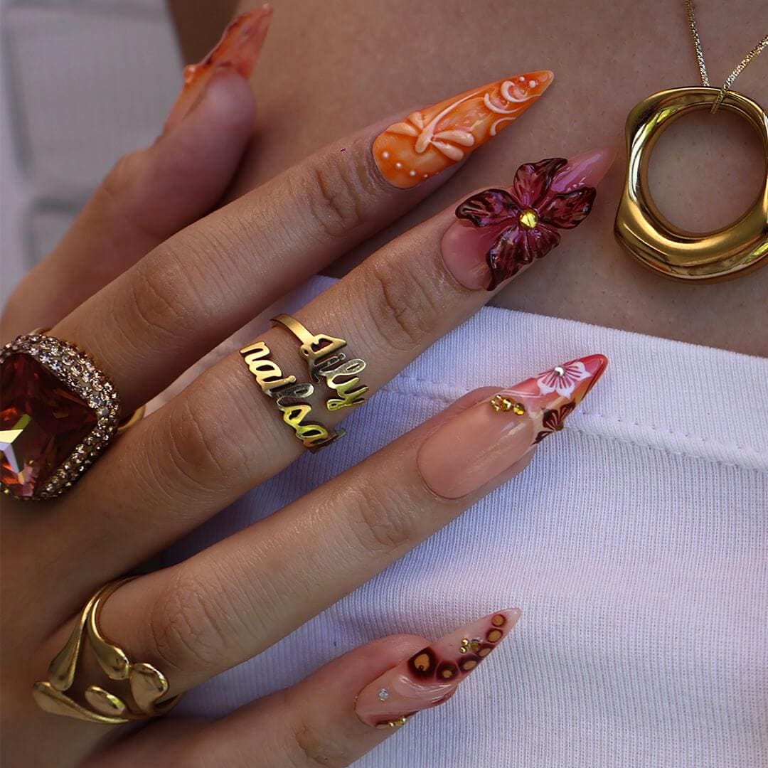 Autumn Press On Nails with 3D Leaves & Gradient Orange | Butterfly Fake Nails in Long Almond | Handmade Nail Art for Fall Parties Or Gifts