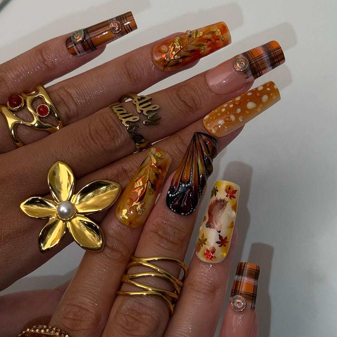 Autumn Press On Nails with Squirrel, Deer Print & Leaves | Fake Nails in Long Square | Handmade Fall Nail Art for Vacation, Party Or Gift