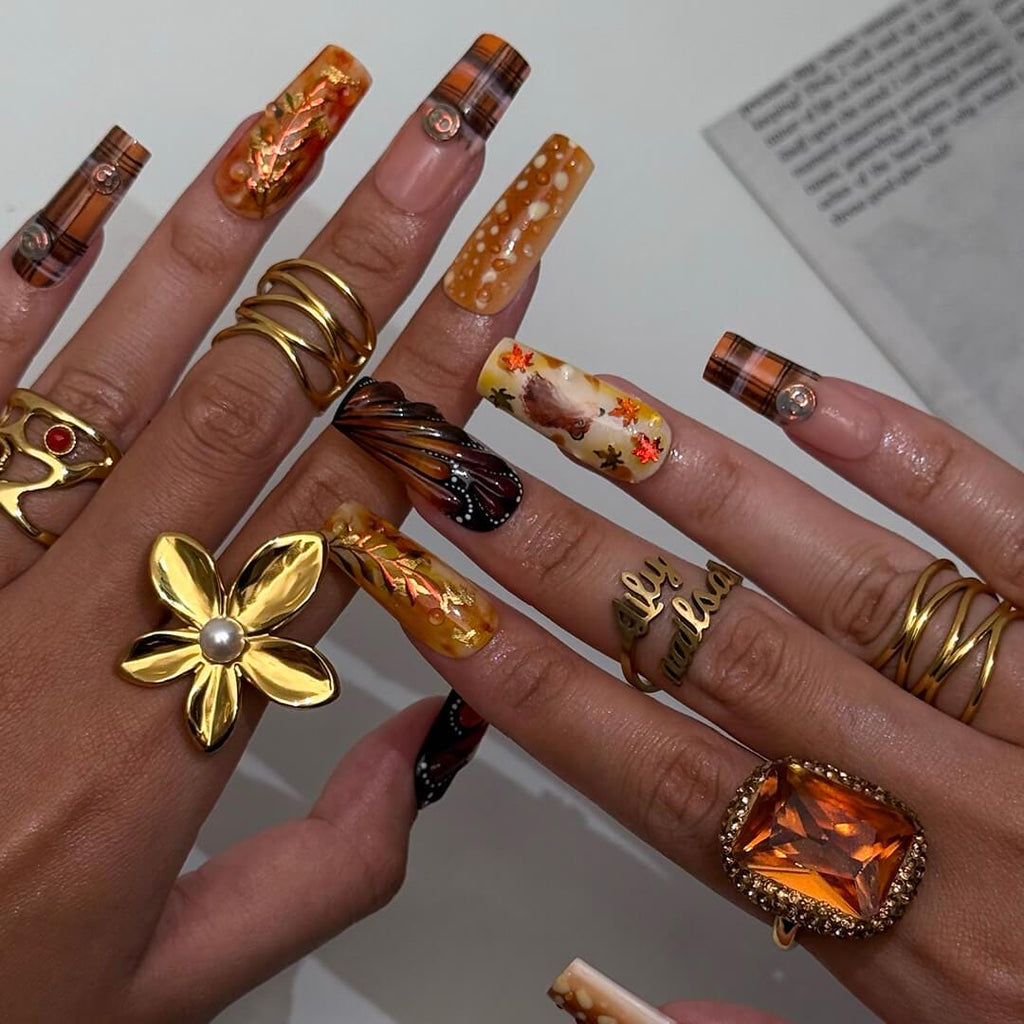 Autumn Press On Nails with Squirrel, Deer Print & Leaves | Fake Nails in Long Square | Handmade Fall Nail Art for Vacation, Party Or Gift