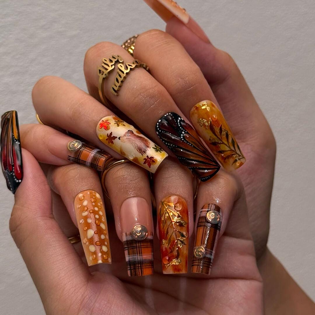 Autumn Press On Nails with Squirrel, Deer Print & Leaves | Fake Nails in Long Square | Handmade Fall Nail Art for Vacation, Party Or Gift