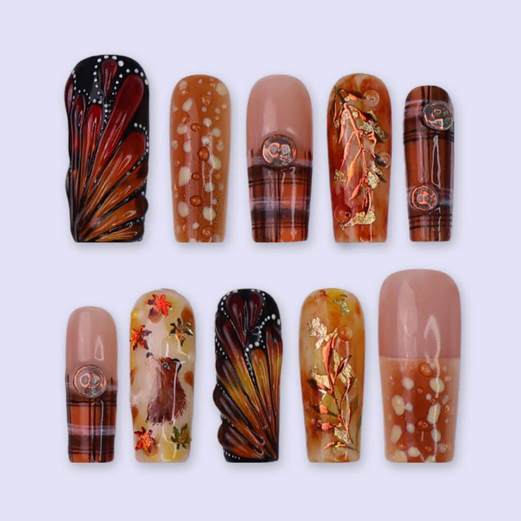Autumn Press On Nails with Squirrel, Deer Print & Leaves | Fake Nails in Long Square | Handmade Fall Nail Art for Vacation, Party Or Gift