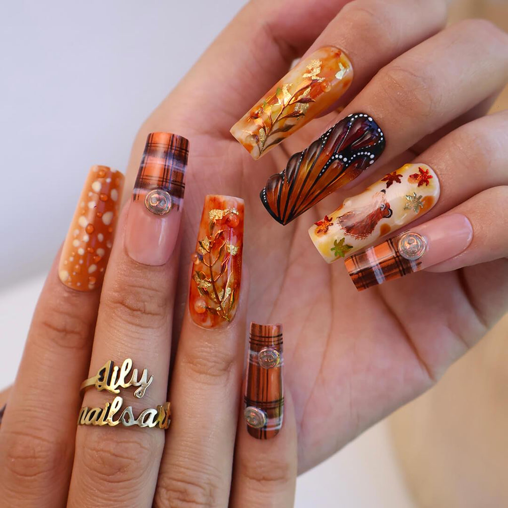 Autumn Press On Nails with Squirrel, Deer Print & Leaves | Fake Nails in Long Square | Handmade Fall Nail Art for Vacation, Party Or Gift