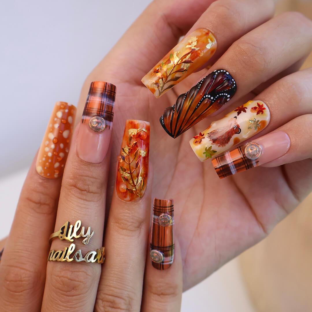 Autumn Press On Nails with Squirrel, Deer Print & Leaves | Fake Nails in Long Square | Handmade Fall Nail Art for Vacation, Party Or Gift