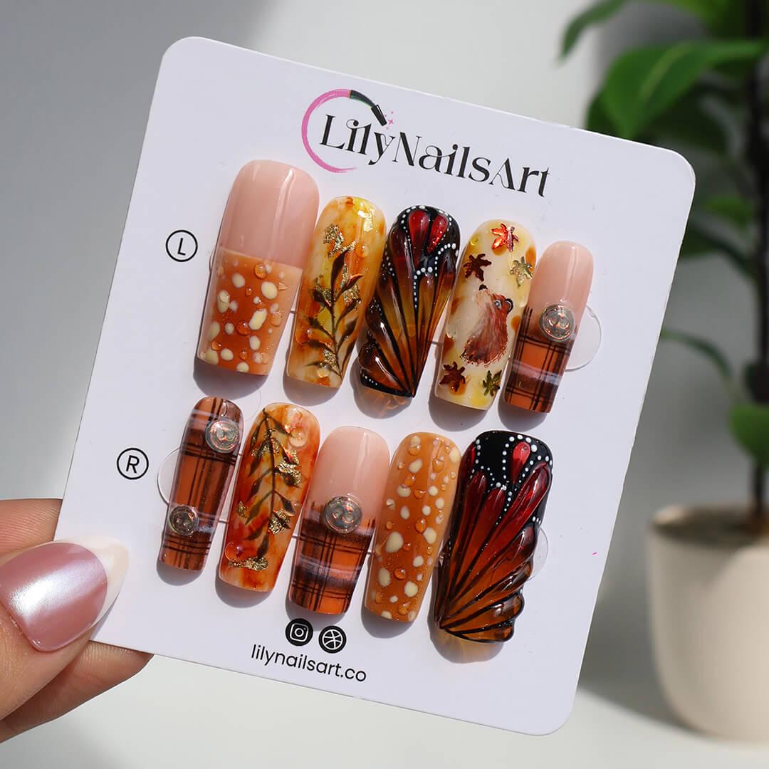 Autumn Press On Nails with Squirrel, Deer Print & Leaves | Fake Nails in Long Square | Handmade Fall Nail Art for Vacation, Party Or Gift
