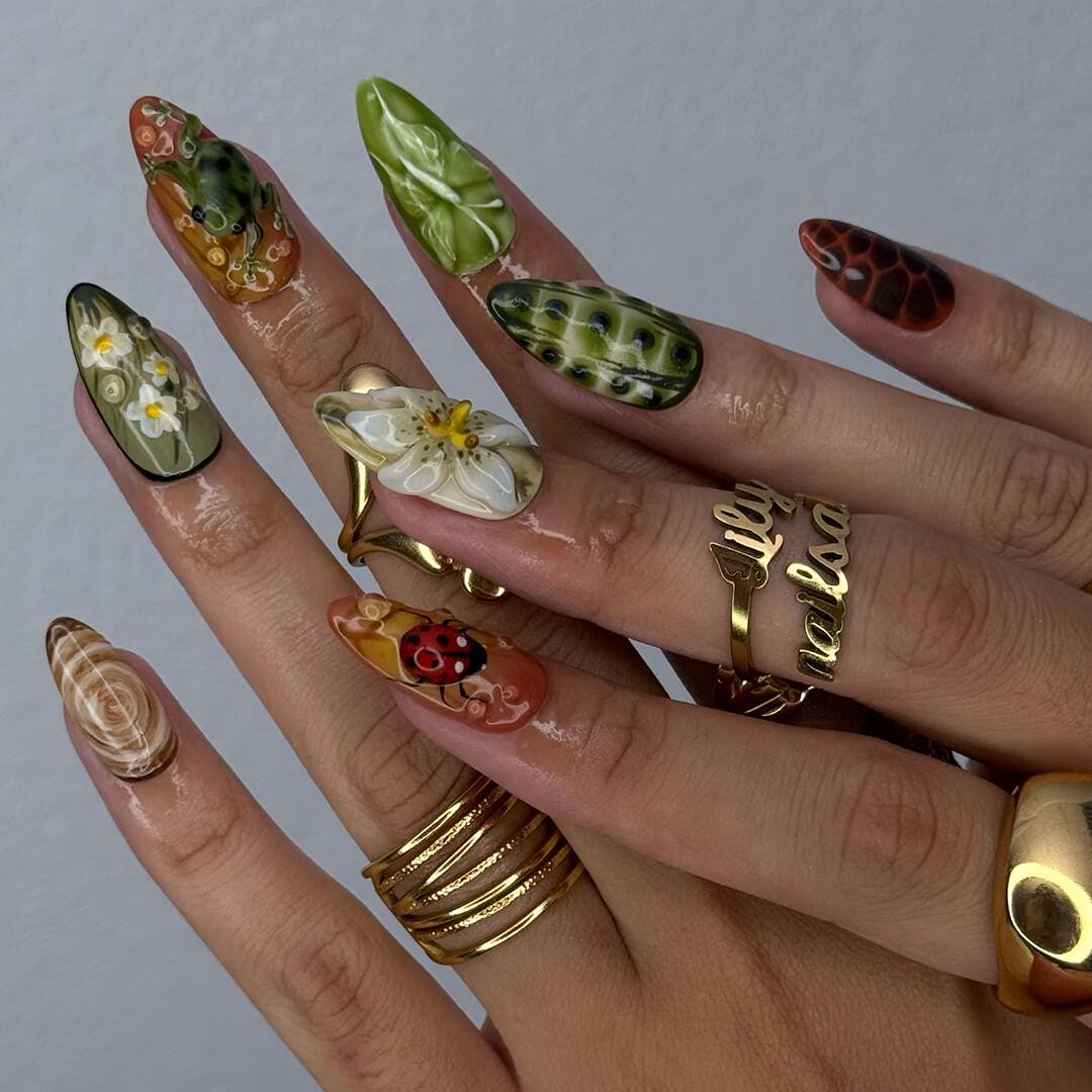 Fall Press On Nails with Frog, Mushrooms & Ladybug | Floral Fake Nails in Medium Almond | Handmade Nail Art for Cottagecore Lovers Or Gift
