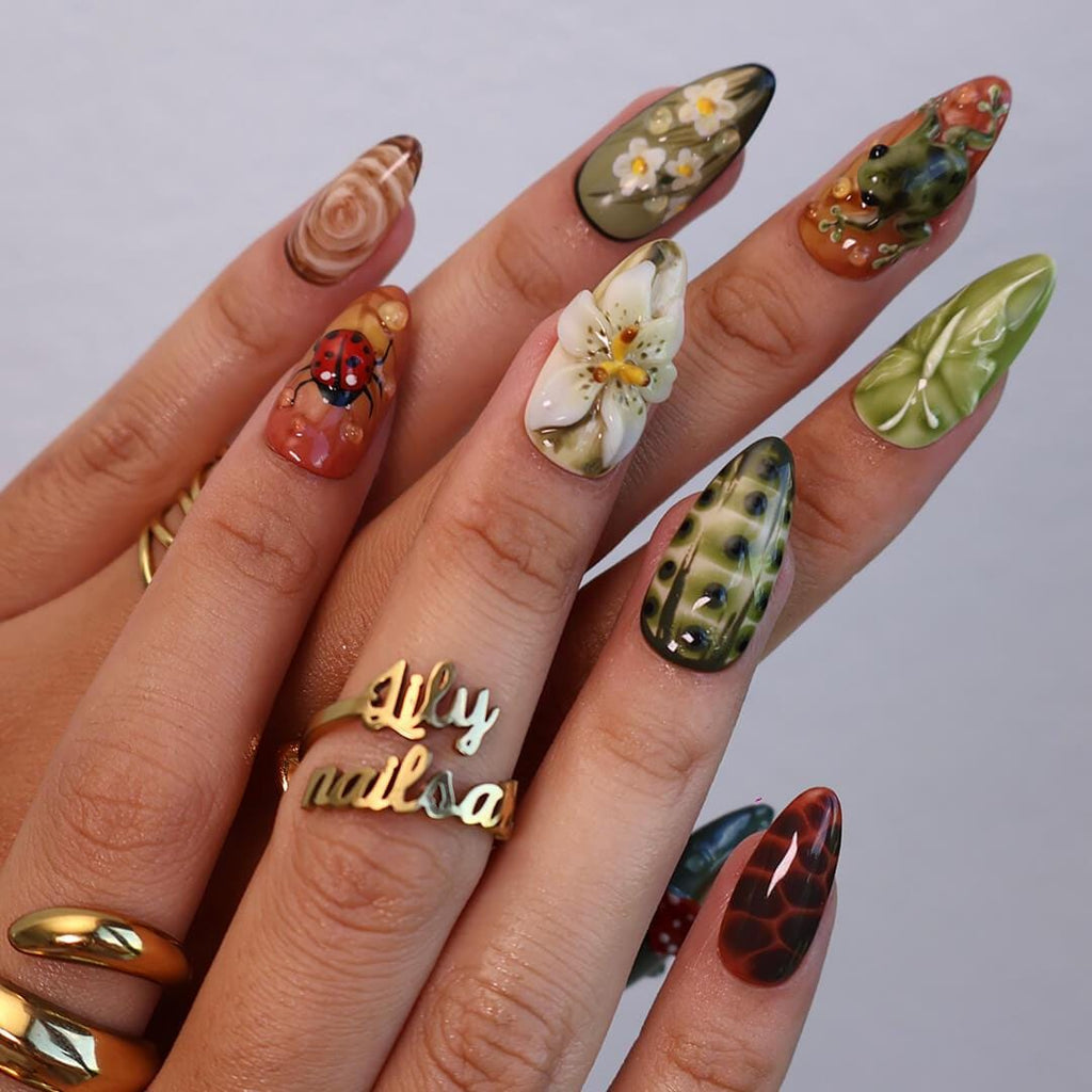 Fall Press On Nails with Frog, Mushrooms & Ladybug | Floral Fake Nails in Medium Almond | Handmade Nail Art for Cottagecore Lovers Or Gift