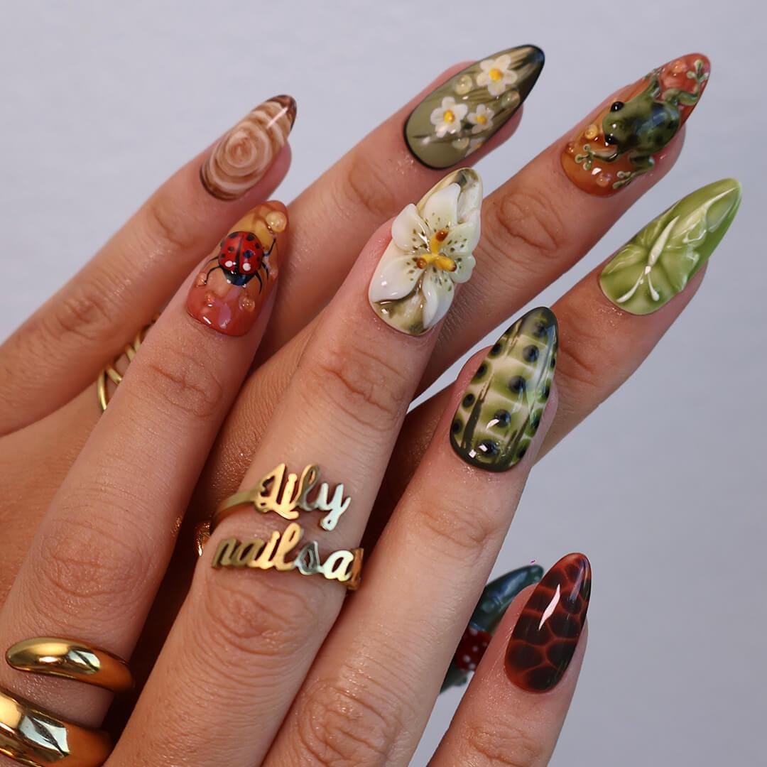 Fall Press On Nails with Frog, Mushrooms & Ladybug | Floral Fake Nails in Medium Almond | Handmade Nail Art for Cottagecore Lovers Or Gift