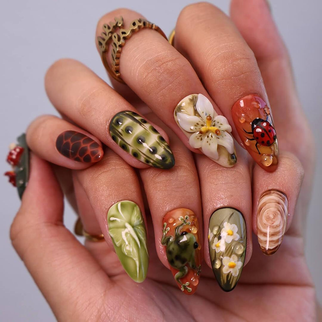 Fall Press On Nails with Frog, Mushrooms & Ladybug | Floral Fake Nails in Medium Almond | Handmade Nail Art for Cottagecore Lovers Or Gift