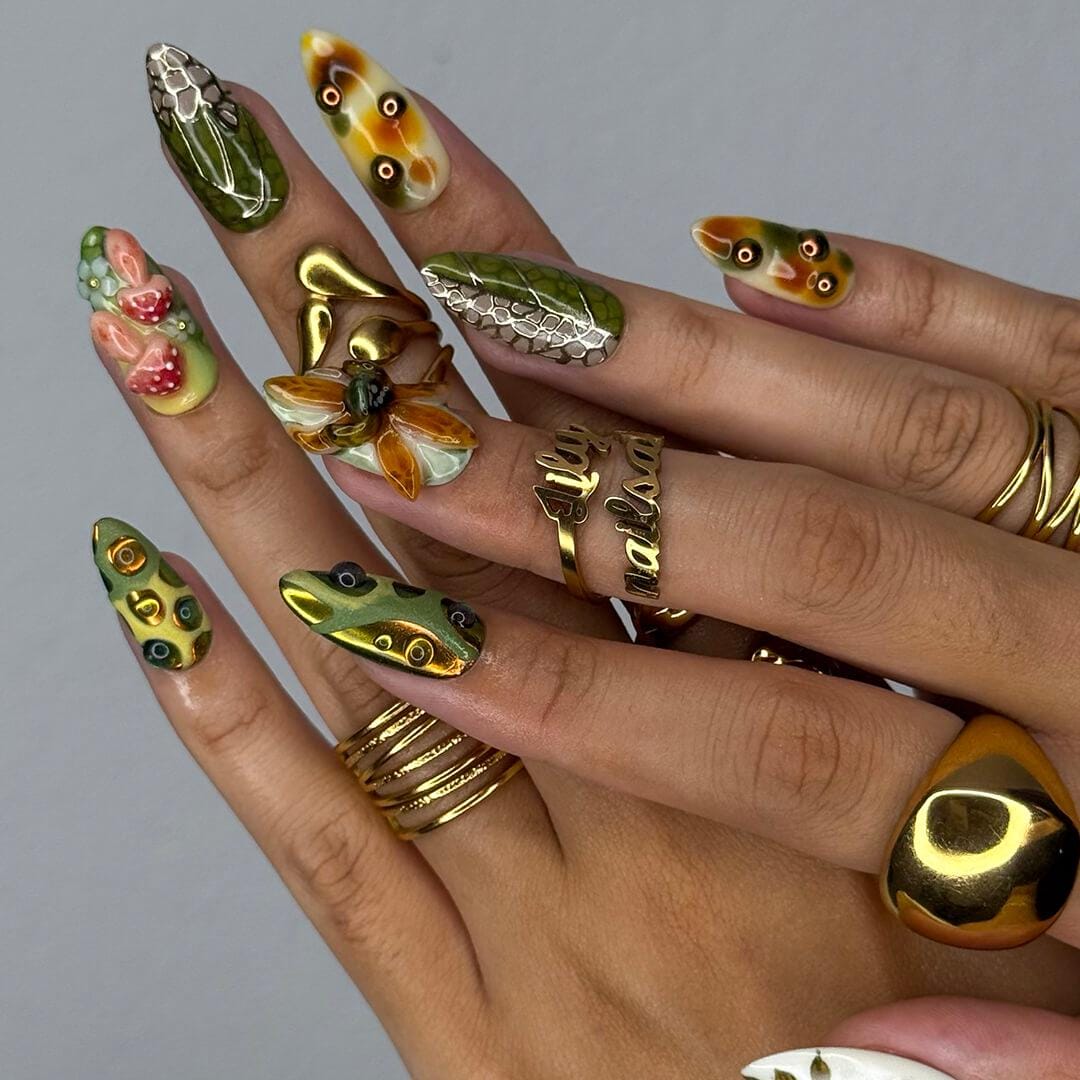 Fall Press On Nails with Mushrooms & Forest Theme | 3D Autumn Fake Nails in Medium Almond | Handmade Nail Art for Fall Look, Party, Gift