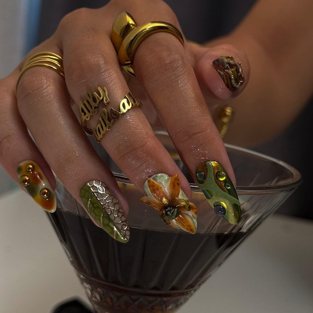 Fall Press On Nails with Mushrooms & Forest Theme | 3D Autumn Fake Nails in Medium Almond | Handmade Nail Art for Fall Look, Party, Gift