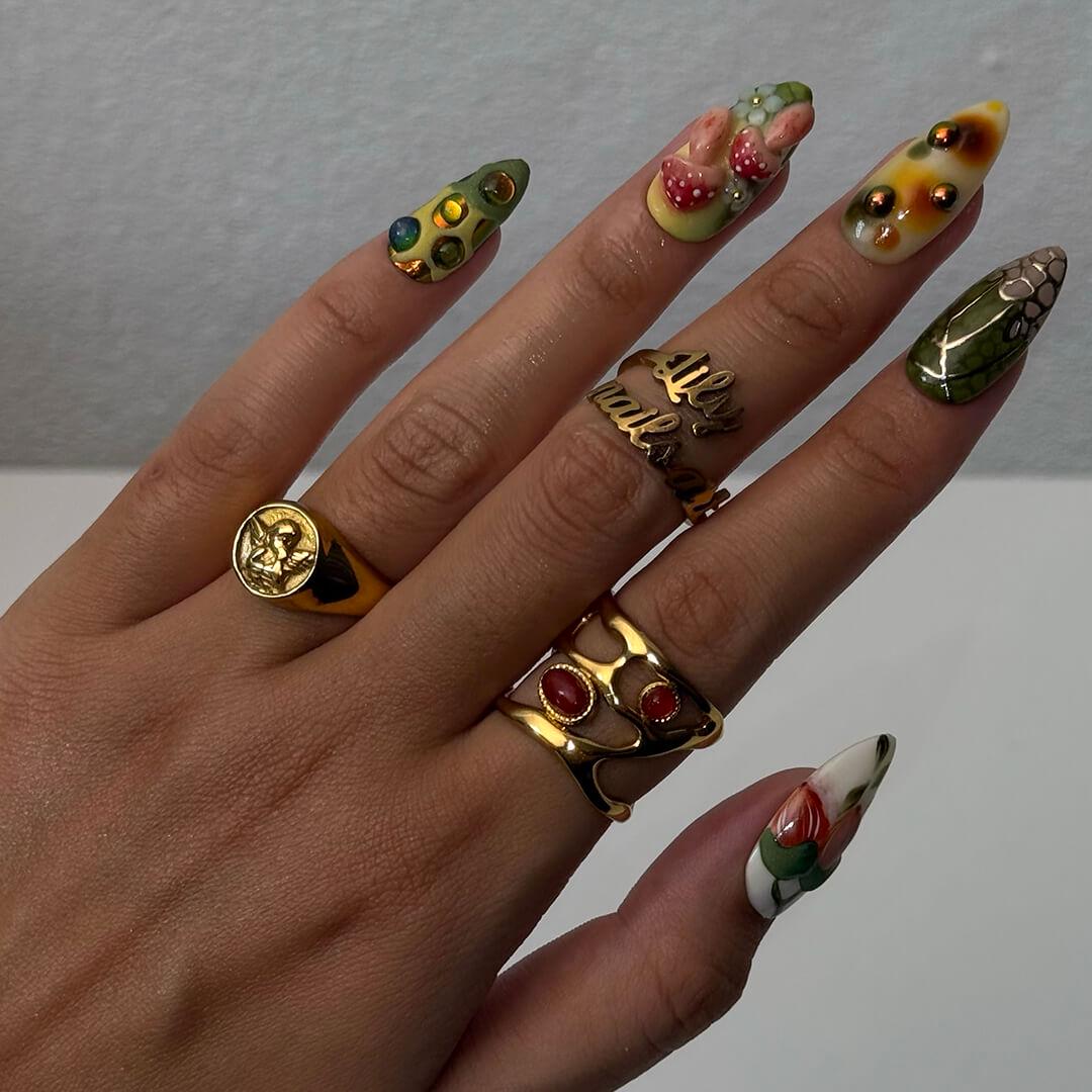 Fall Press On Nails with Mushrooms & Forest Theme | 3D Autumn Fake Nails in Medium Almond | Handmade Nail Art for Fall Look, Party, Gift