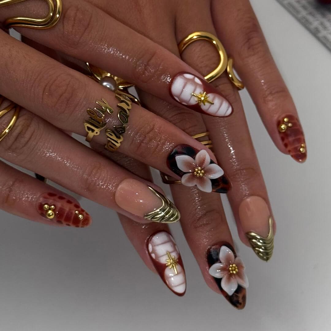 Autumn Press On Nails with Tortoise Shell, Gold & 3D Floral | Fake Nails in Medium Almond | Handmade Nail Art for Fall Parties Or Gifts