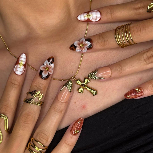 Autumn Press On Nails with Tortoise Shell, Gold & 3D Floral | Fake Nails in Medium Almond | Handmade Nail Art for Fall Parties Or Gifts