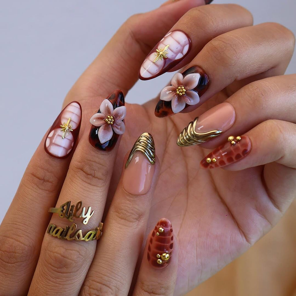 Autumn Press On Nails with Tortoise Shell, Gold & 3D Floral | Fake Nails in Medium Almond | Handmade Nail Art for Fall Parties Or Gifts