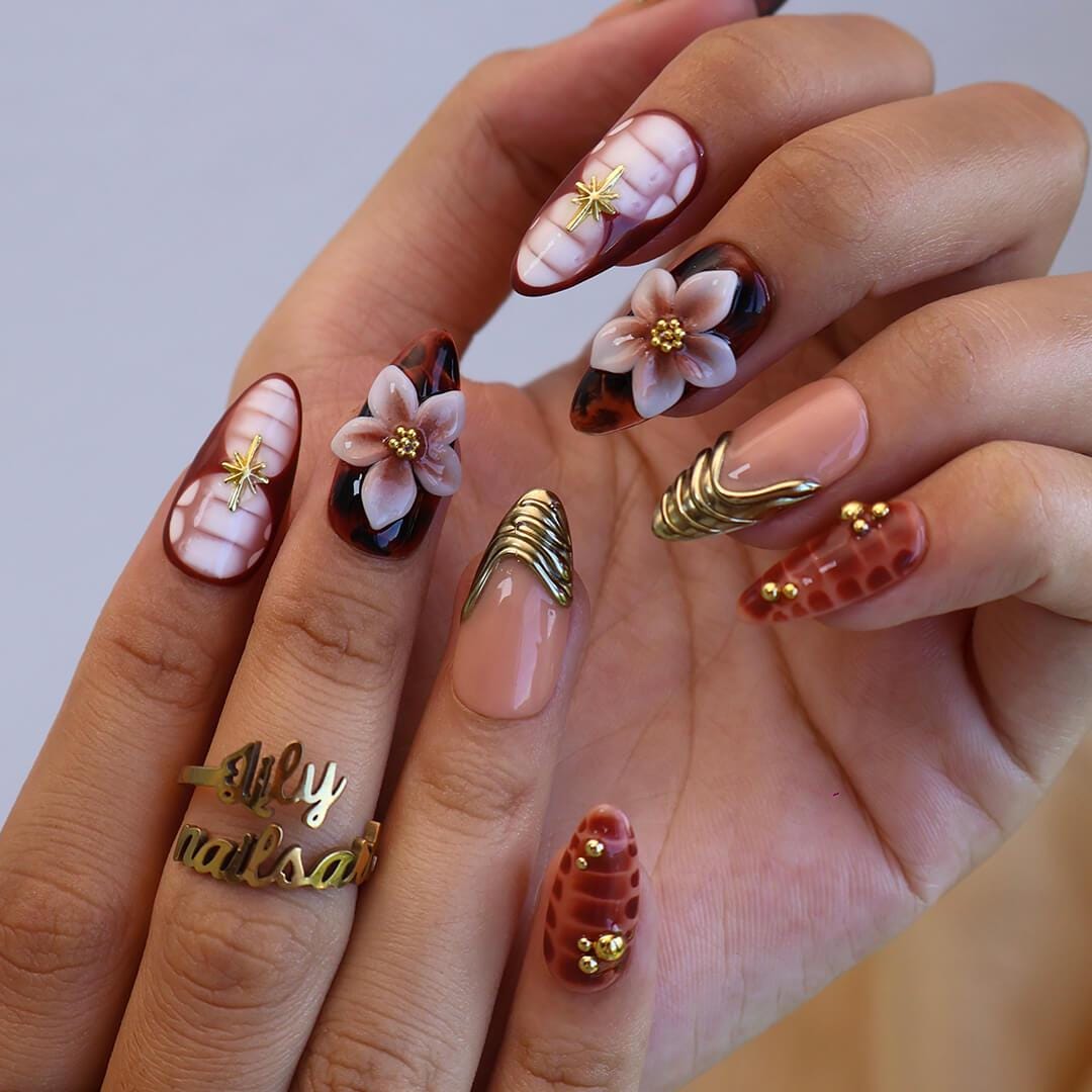 Autumn Press On Nails with Tortoise Shell, Gold & 3D Floral | Fake Nails in Medium Almond | Handmade Nail Art for Fall Parties Or Gifts