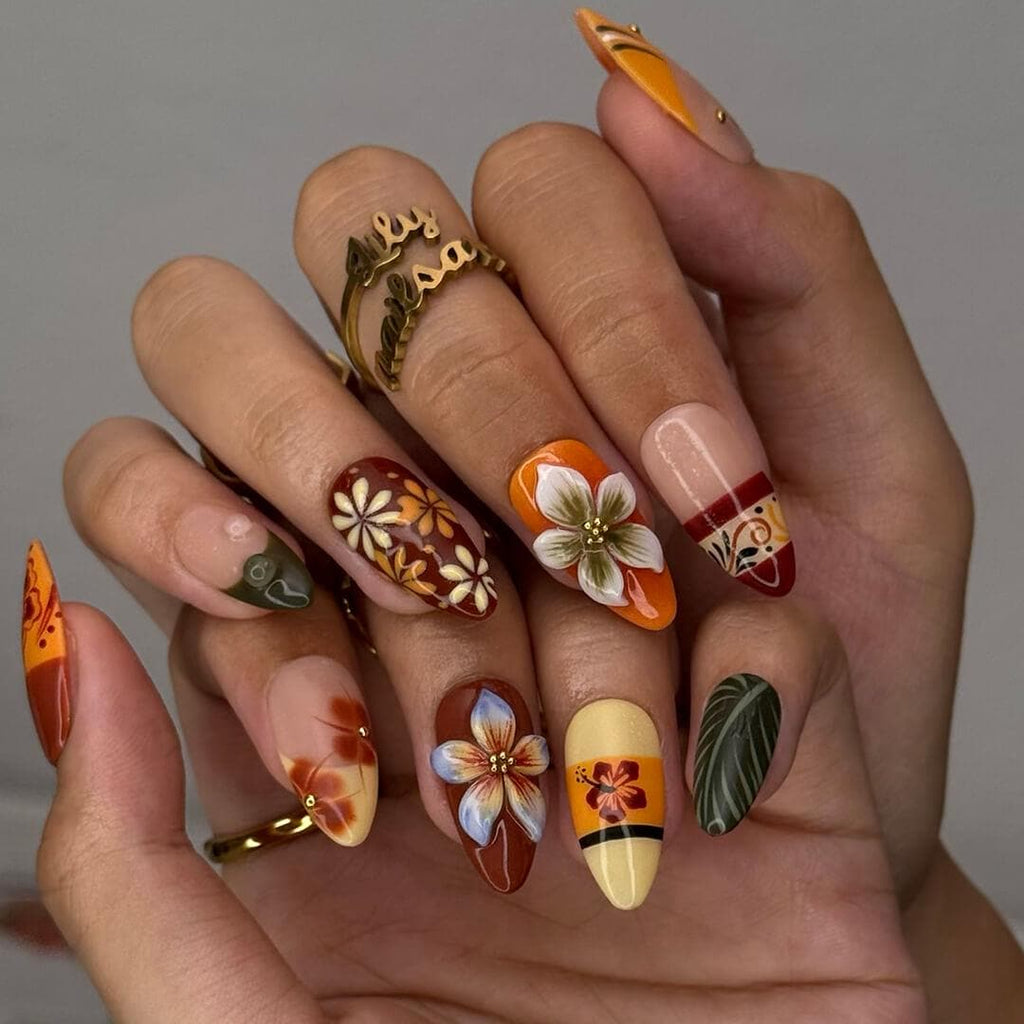 Fall Press On Nails with Tropical Flowers & Leaves | 3D Floral Fake Nails in Medium Almond | Handmade Nail Art for Fall Looks Or Parties