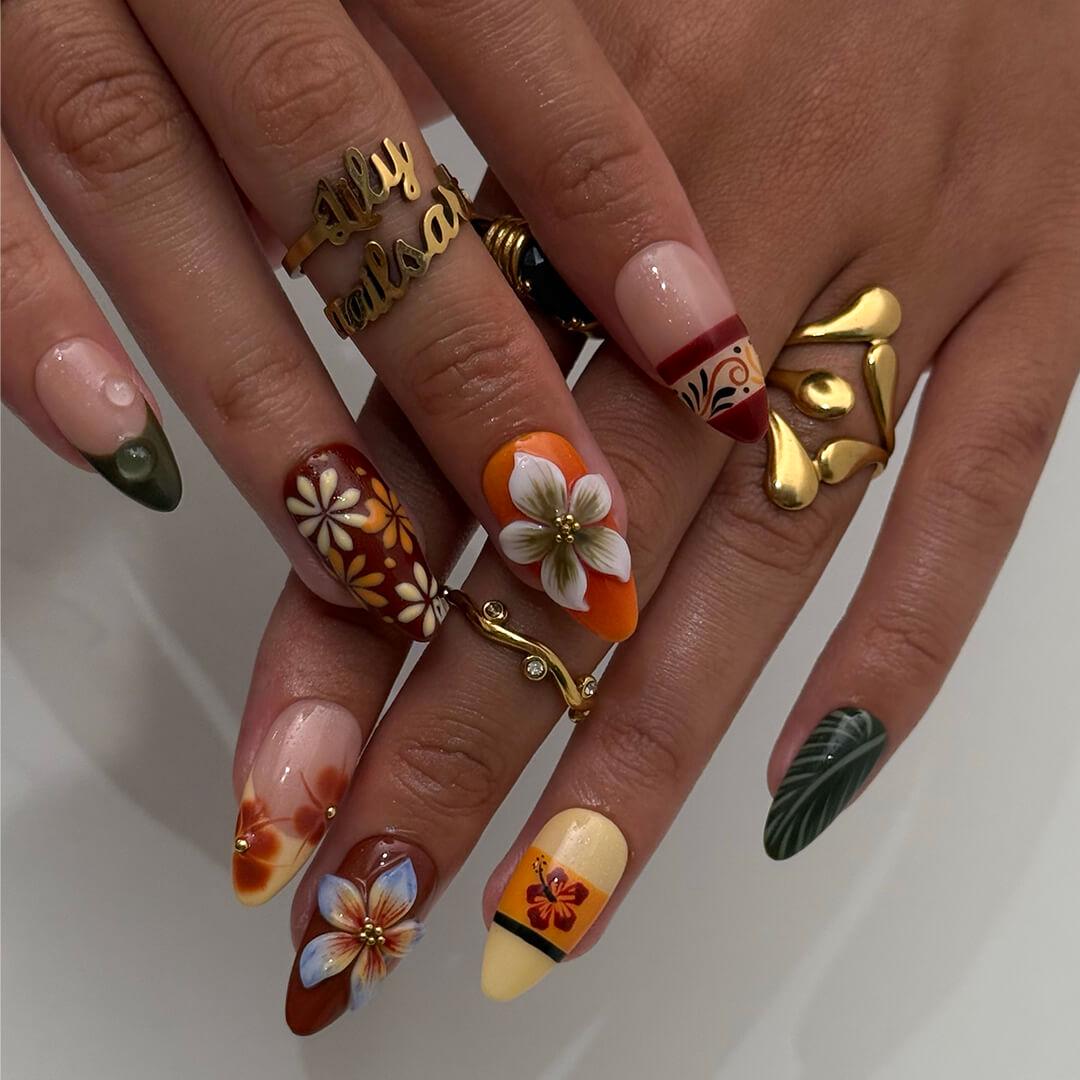 Fall Press On Nails with Tropical Flowers & Leaves | 3D Floral Fake Nails in Medium Almond | Handmade Nail Art for Fall Looks Or Parties