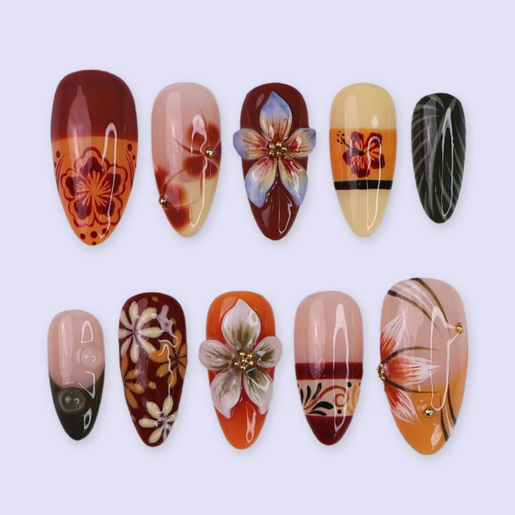 Fall Press On Nails with Tropical Flowers & Leaves | 3D Floral Fake Nails in Medium Almond | Handmade Nail Art for Fall Looks Or Parties