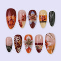 Fall Press On Nails with Tropical Flowers & Leaves | 3D Floral Fake Nails in Medium Almond | Handmade Nail Art for Fall Looks Or Parties