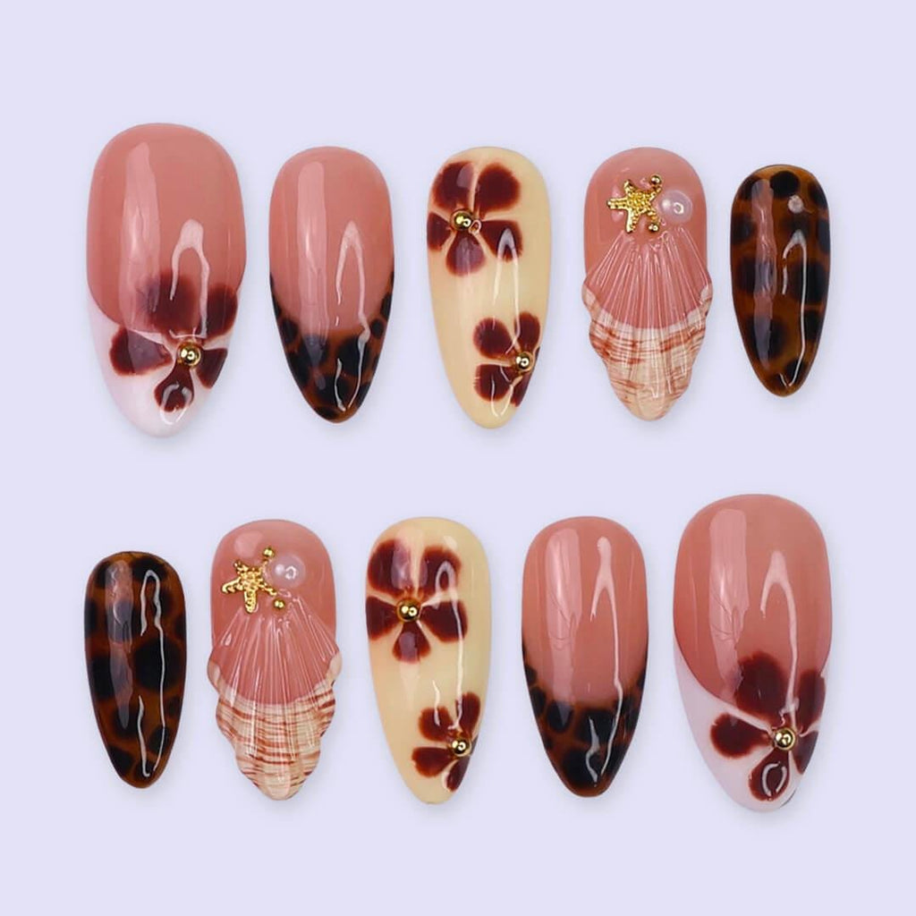Autumn Press On Nails with Tortoise Shell And Flowers | Fake Nails in Medium Almond | Handmade Nail Art for Fall Looks, Parties & Gifts