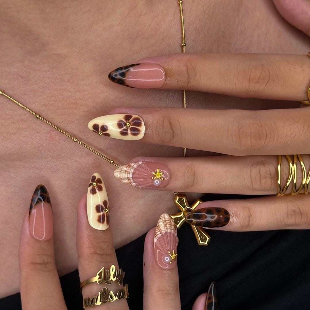 Autumn Press On Nails with Tortoise Shell And Flowers | Fake Nails in Medium Almond | Handmade Nail Art for Fall Looks, Parties & Gifts