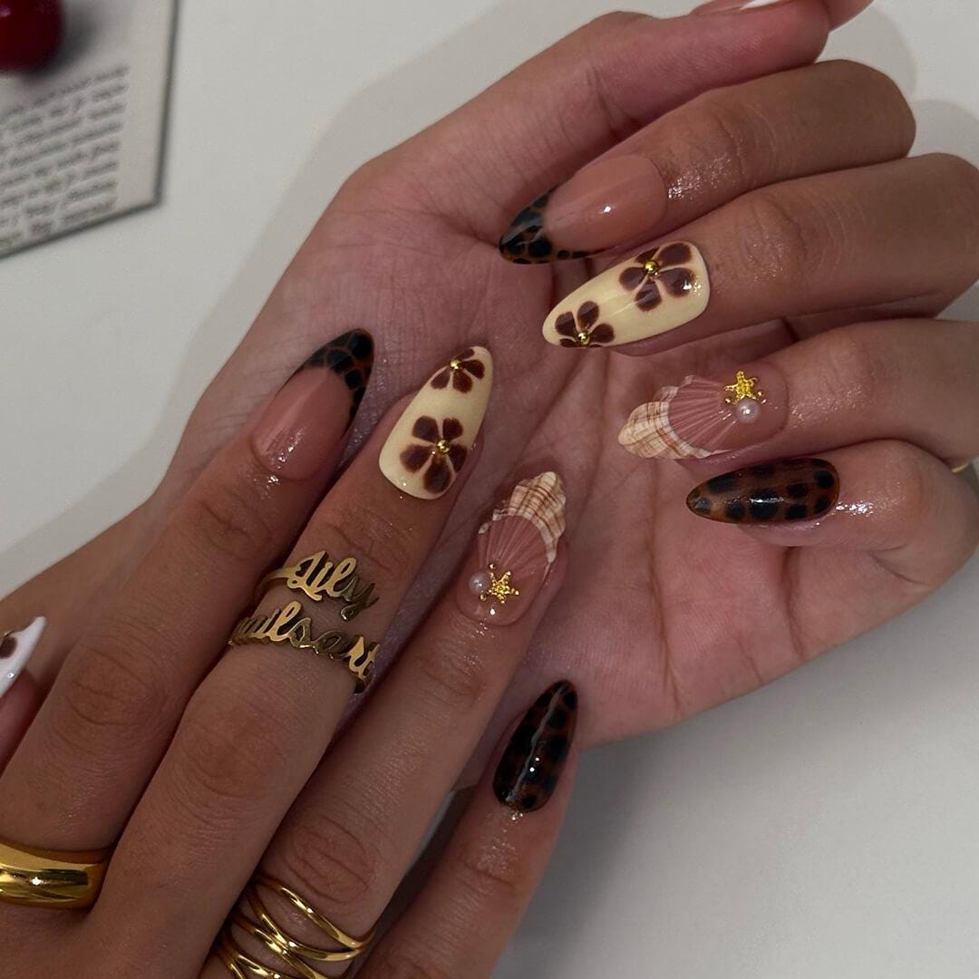Autumn Press On Nails with Tortoise Shell And Flowers | Fake Nails in Medium Almond | Handmade Nail Art for Fall Looks, Parties & Gifts