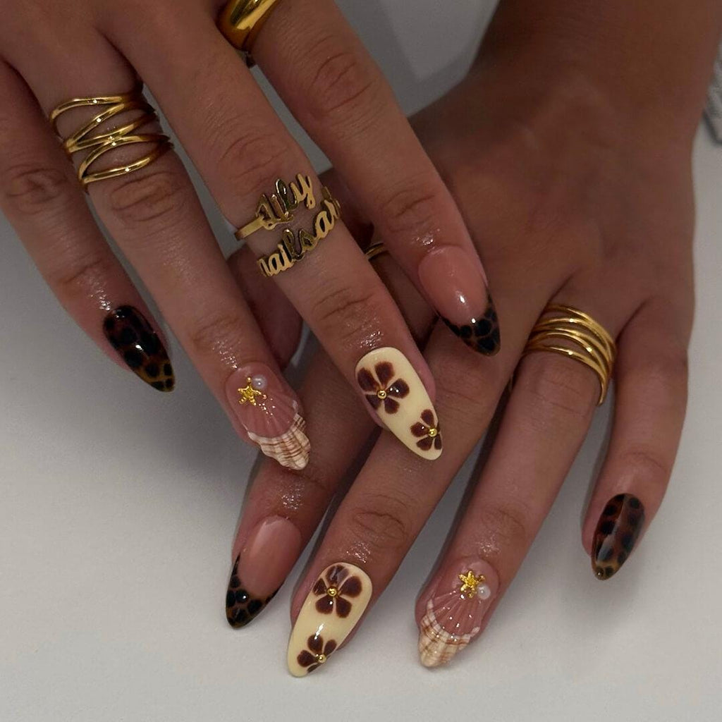 Autumn Press On Nails with Tortoise Shell And Flowers | Fake Nails in Medium Almond | Handmade Nail Art for Fall Looks, Parties & Gifts