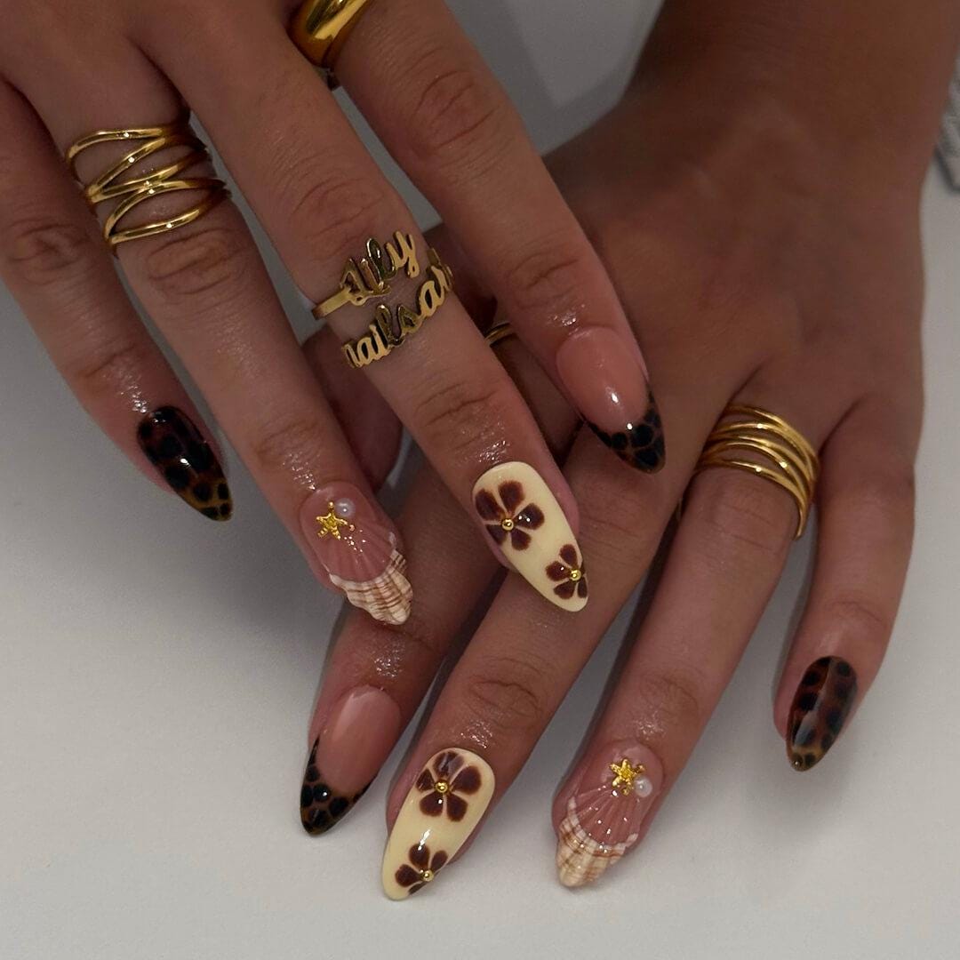 Autumn Press On Nails with Tortoise Shell And Flowers | Fake Nails in Medium Almond | Handmade Nail Art for Fall Looks, Parties & Gifts