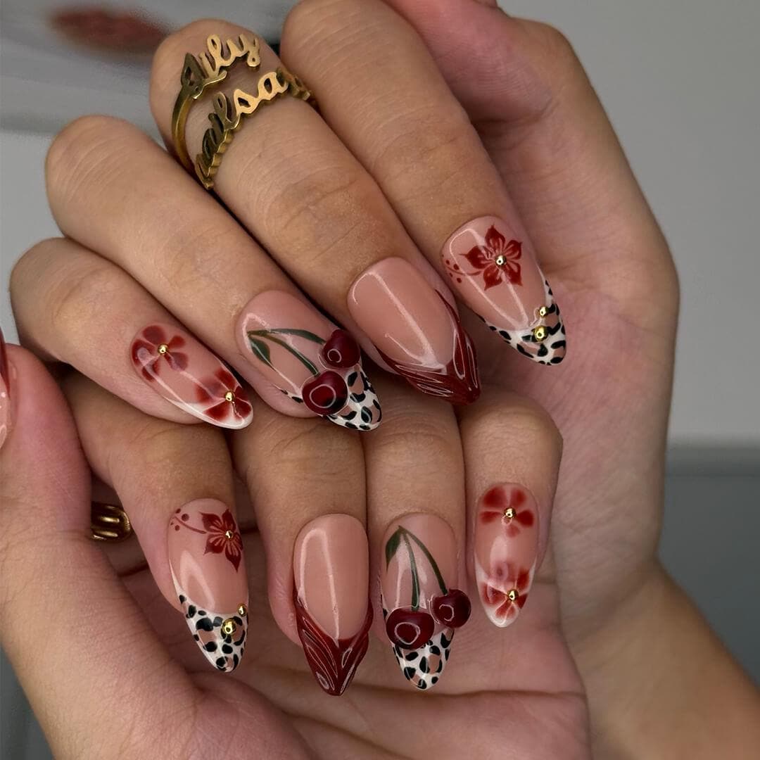 Autumn Press On Nails with Cherries & Leopard Print | 3D Floral Fake Nails in Medium Almond | Handmade Nail Art for Fall Look, Party, Gift