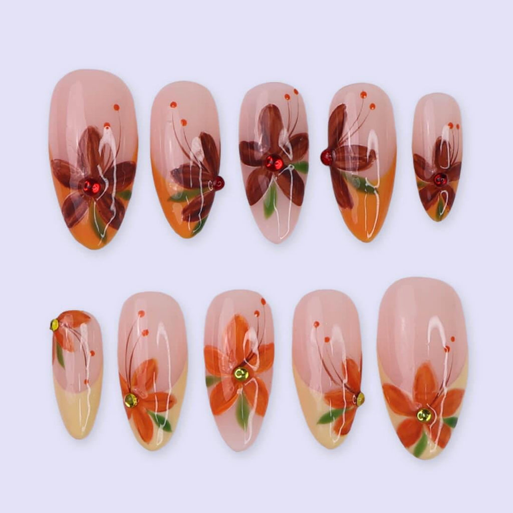 Autumn Press On Nails with Orange & Brown Flowers | Floral Fake Nails in Medium Almond | Handmade Nail Art for Fall Looks, Parties Or Gifts