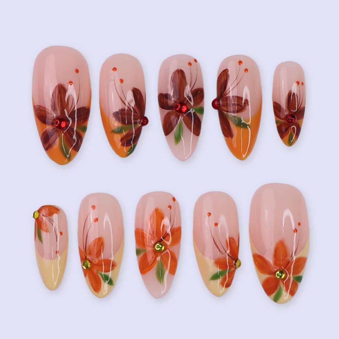 Autumn Press On Nails with Orange & Brown Flowers | Floral Fake Nails in Medium Almond | Handmade Nail Art for Fall Looks, Parties Or Gifts