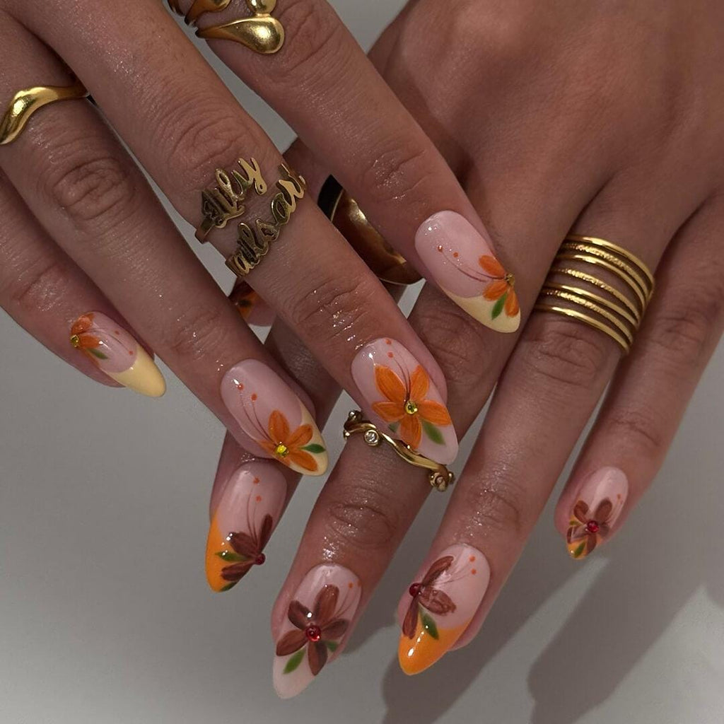 Autumn Press On Nails with Orange & Brown Flowers | Floral Fake Nails in Medium Almond | Handmade Nail Art for Fall Looks, Parties Or Gifts