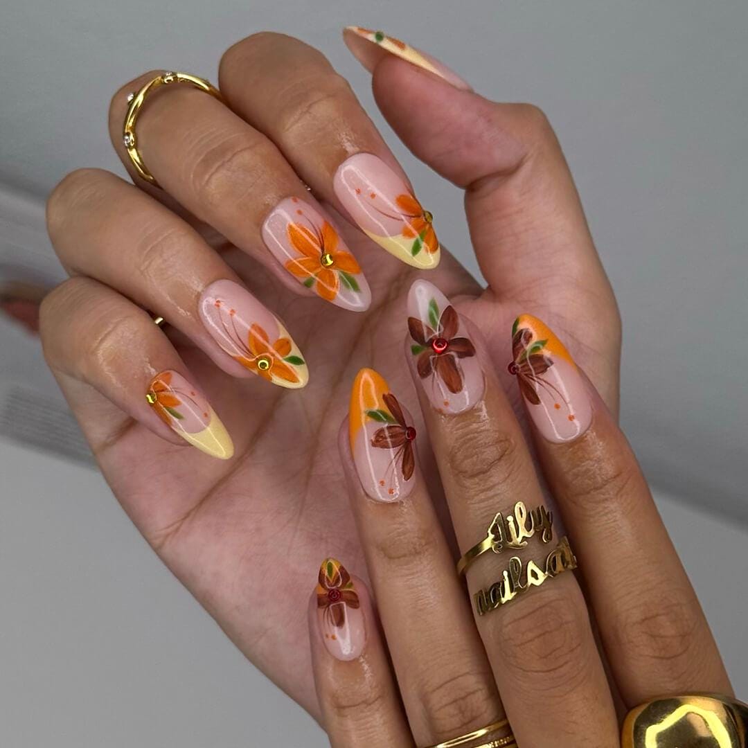 Autumn Press On Nails with Orange & Brown Flowers | Floral Fake Nails in Medium Almond | Handmade Nail Art for Fall Looks, Parties Or Gifts