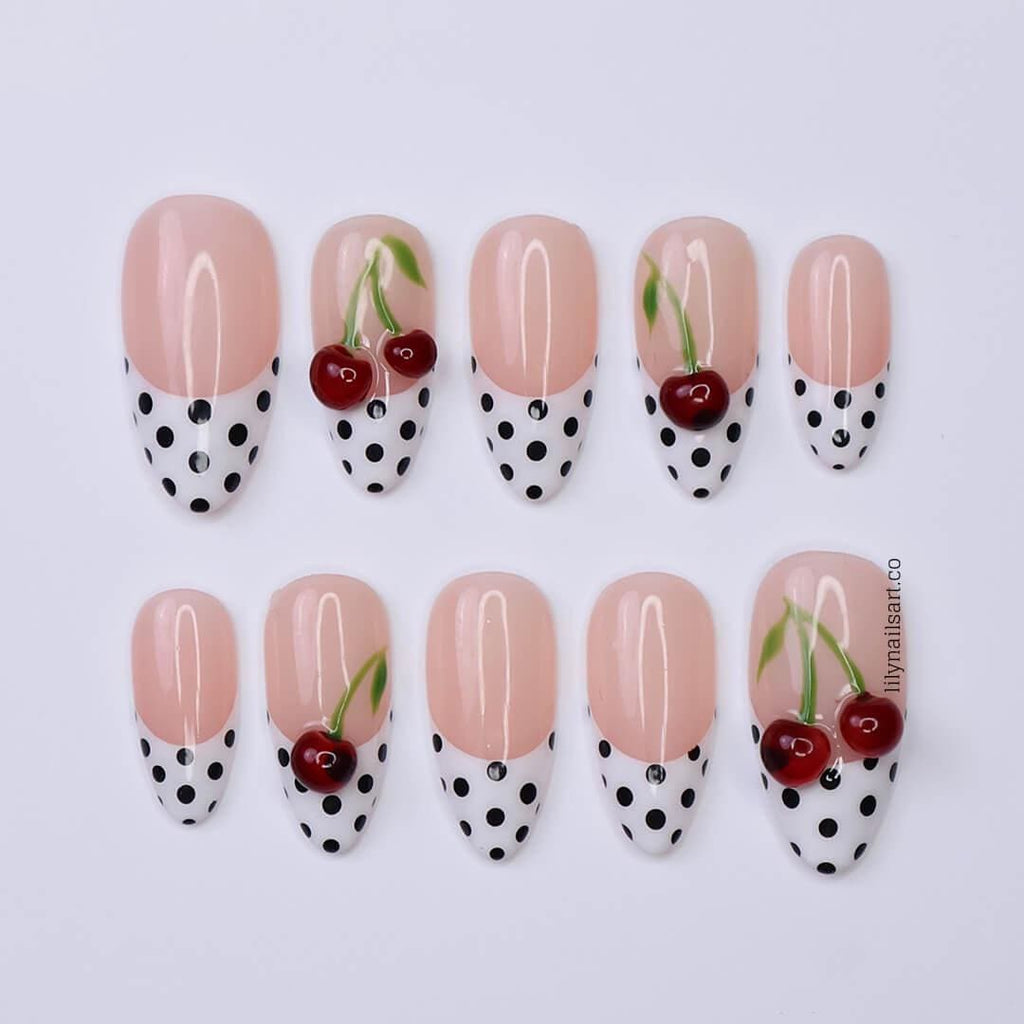 Polka Dot Press On Nails in Black & White, Medium Almond Fake Nails with 3D Cherry, Custom Handmade Nail Art for Retro Summer Look