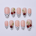 Polka Dot Press On Nails in Black & White, Medium Almond Fake Nails with 3D Cherry, Custom Handmade Nail Art for Retro Summer Look