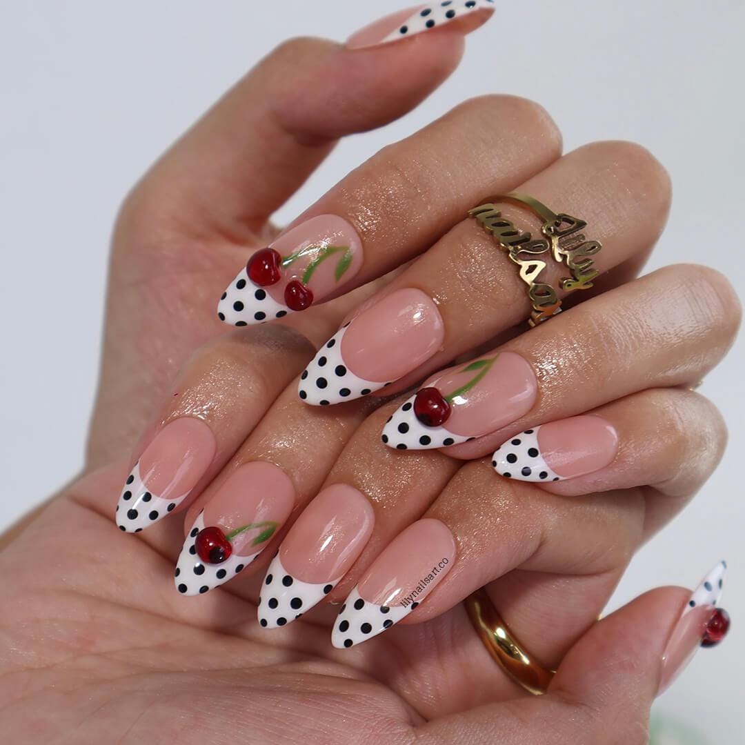 Polka Dot Press On Nails in Black & White, Medium Almond Fake Nails with 3D Cherry, Custom Handmade Nail Art for Retro Summer Look